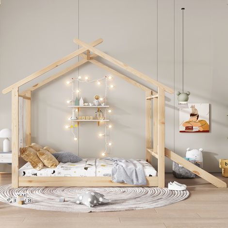 Lits en bois, lit d’enfant, lit simple, avec toboggan amusant, sommiers à lattes robustes, joli design en forme de toit, lit cabane enfants, lit enfant, 90x200cm, lit enfant cabane (1/5)