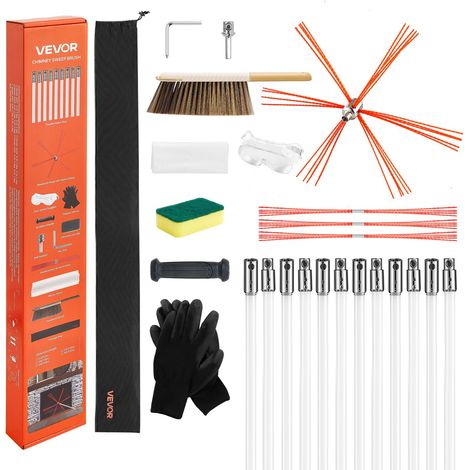 Kit de Ramonage 12 m Brosse Ramonage Cheminée Extensible Outil de Nettoyage Flexible 90° pour Conduits de Cheminées Carrées Rectangulaires Arquées, avec Brosses Rechange, Lunettes de Protection (1/5)