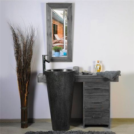 Ensemble meuble salle de bain teck gris 120 cm avec tiroirs et miroir compatible vasque colonne sur pied 45 x 90 cm