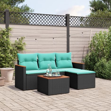 5-teiliges Gartensofa-Set mit Kissen, schwarzes Polyrattan