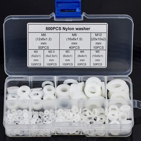 Rondelle Nylon - PA66 - M2 M2.5 M3 M4 M5 M6 M8 M10 - Lot de 500 Pièces - Pour Plomberie Vis Boulons - Boîte Organisatrice