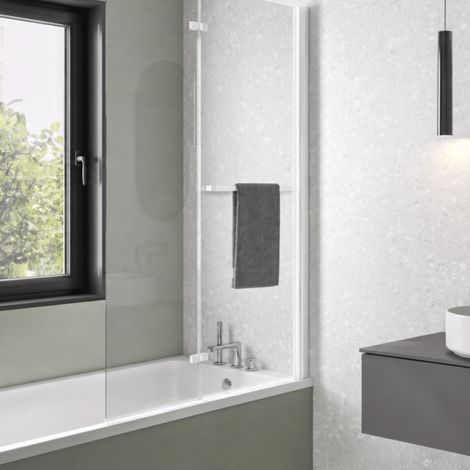 Mampara de bañera elevable y abatible 110x150 cm KINEDO Columba 2 hojas reversibles con toallero blanco (1/4)