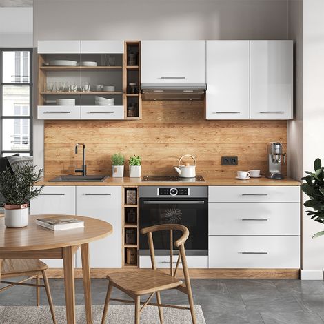 Cucina componibile Fame-Line, Bianco lucido/oro power oak, 235 cm , PL Antracite, Vicco (1/5)