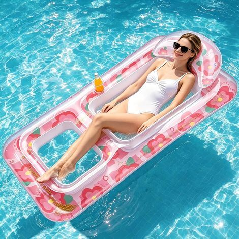 Aufblasbare Sonnenliege für Erwachsene – Aufblasbare Pool-Sonnenmatratze mit Kopfstütze und Getränkehaltern, schwimmende Sonnenliege für (1/5)