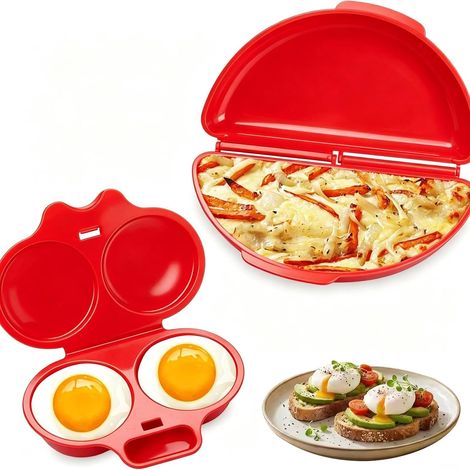 Oeufs Micro-Ondes 2-en-1 Rouge, 2 Œufs, Rapide, Petit Déjeuner, Sans Casserole, Lavable, Pratique (1/5)