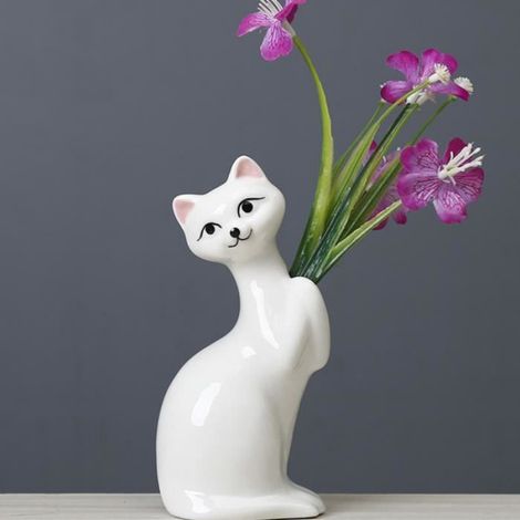 Vase Céramique Chat - Forme Animal Mini Contenant Fleurs Séchées Plantes Bureau Décoration Intérieure - 1 Pièce (1/4)