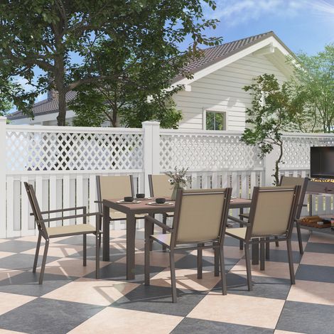 Set de jardin 7 pièces en plastique avec 6 chaises empilables et table rectangulaire, kaki et marron (1/5)