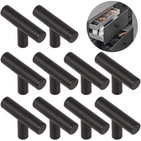 10 poignées de porte de cuisine, entraxe de 50 mm, poignées de meubles en acier inoxydable noir (1/5)