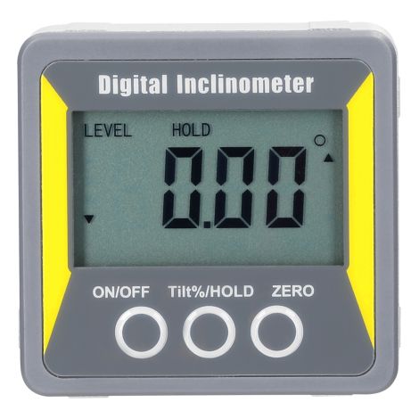 Inclinómetro multifuncional con pantalla LCD, nivel de burbuja de 4x90°, imanes, regla angular, mediciones absolutas y relativas, apagado automático y retención de datos. (1/5)