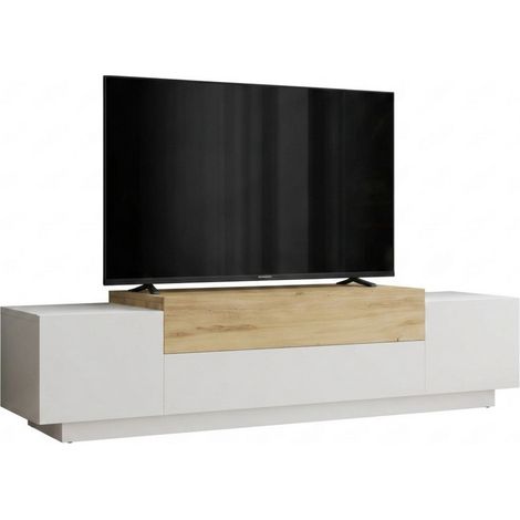 Meuble TV 4 Portes Abattantes 4 Niches Chêne et Blanc L 160 H 38.7 P 37.3 cm (1/5)