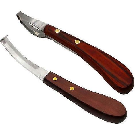 Lot de 2 couteaux à sabots pour chevaux, moutons et bovins, à double tranchant, manche en bois et acier inoxydable. (1/5)