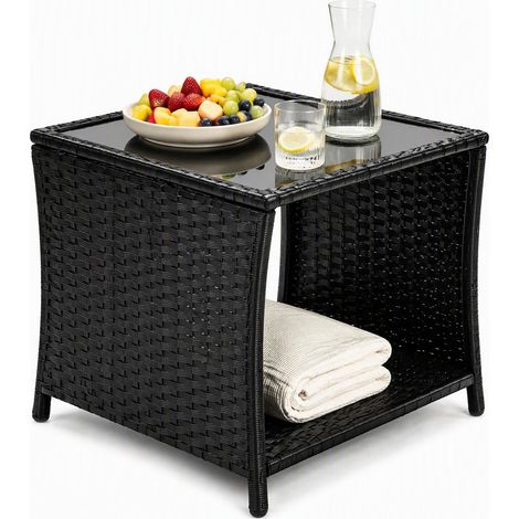 Table d'appoint de jardin en résine tressée noire avec rangement, plateau en verre trempé, pour terrasse, balcon ou salon, style compact et moderne  CHICFURN (1/5)