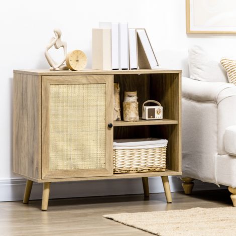Aparador Mueble Auxiliar de Cocina con Puerta de Ratán y 2 Estantes de Almacenaje para Salón 80x39x70 cm Natural (1/5)