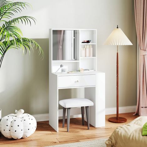 Tocador con espejo (70x40x137 cm), con cajón, compartimentos, tablero de madera, blanco (1/5)