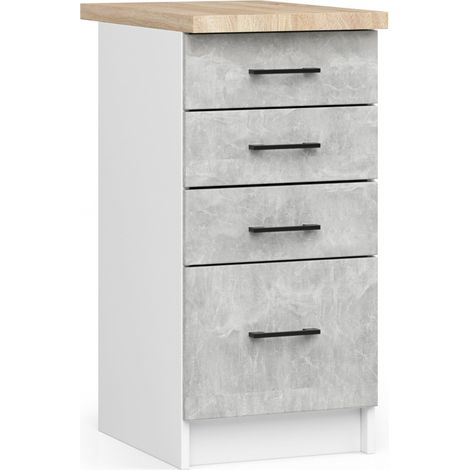 Akord – Armoire de cuisine basse 40 cm – 4 tiroirs – Façade béton – Corps blanc – Dimensions 40x46x85 cm – Panneau stratifié