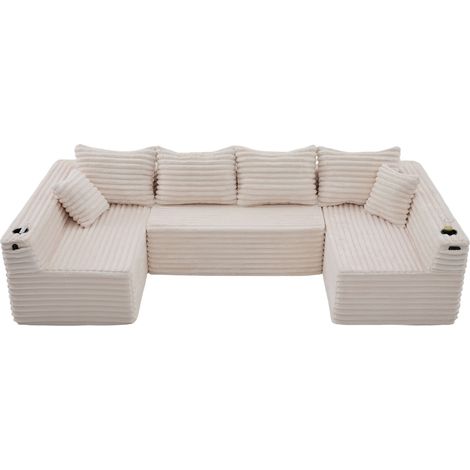 Canapé U modulable en velours côtelé beige avec porte-gobelets, poches latérales et 4 coussins, confort ergonomique pour salon et séjour  CHICFURN (1/5)