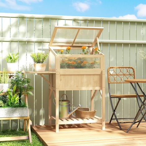 Carré potager sur pieds avec serre, jardinière surélevée, table latérale pliante et étagère, 104x50x120cm, bois naturel