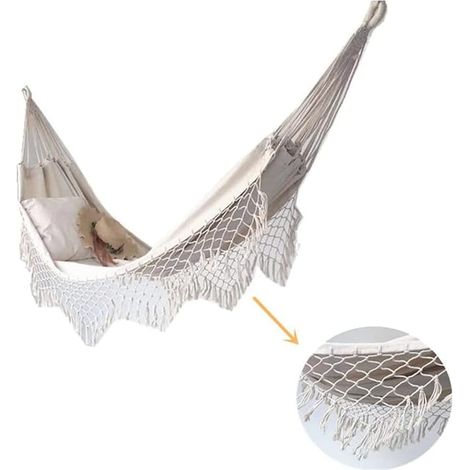 Amaca doppia bohémien in tela macramè intrecciata con frange, grande altalena sospesa per spiaggia, cortile, camera da letto, BIANCO (1/4)