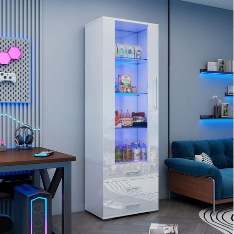 Vitrine LED 60 x 35 x 180 cm, 3 tiroirs, blanche HAVRYA (1/5)