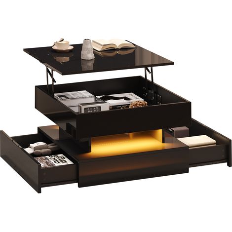Table basse 65 x 65 x 38,5 cm relevable avec LED, 2 tiroirs, design géométrique et rangement caché,Noir