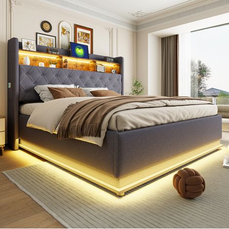 Bett 180 200 Stauraum LED USB Polsterbett Grau HAVRYA (1/5)