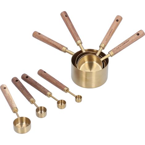 Lot de 8 tasses à mesurer en acier inoxydable avec manche en bois, balance de barman, cuillère doseuse, outil de pâtisserie (1/5)