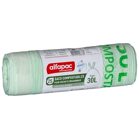 Sac poubelle pour déchets compostable 30 L Alfapac professionnel - 25 sacs (1/2)