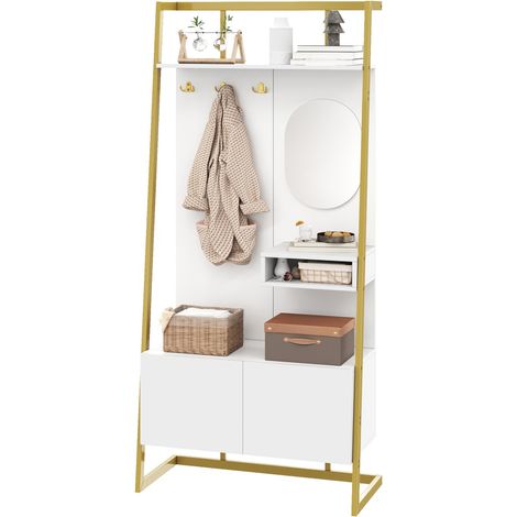 Armoire d'entrée compacte multifonctionnelle 78x38,5x180,5cm avec miroir, banc à chaussures, crochets et portant (1/5)