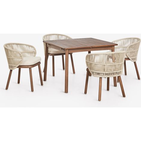 SKLUM Ausziehbarer Esstisch-Set 100-160x100 cm Karvia und 4 Gartenstühle aus Akazienholz und geflochtener Capri-Schnur Creme-Beige (1/5)