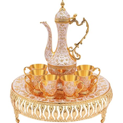 Service à thé, théière et six tasses à thé, design européen, Or, Ensemble de huit pièces (1/2)