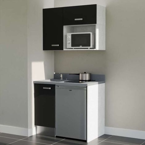 Kitchenette K00L - 100 cm - emplacements frigo top et micro-ondes-Noir-Cromo-évier à gauche