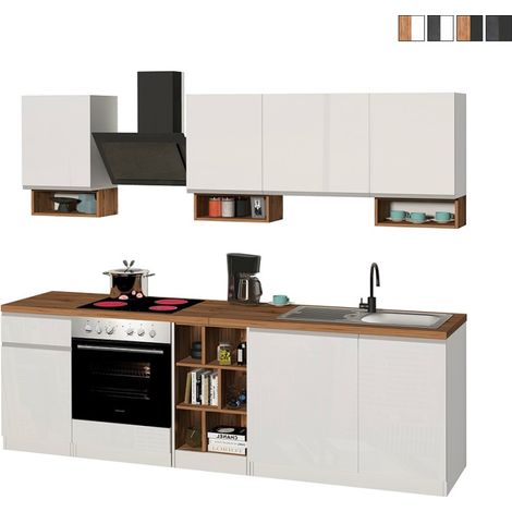Composizione Cucina moderna 255X60-34X85-71cm - NAUTILUS - Colore: Bianco Laccato Lucido-Rovere Wotan (1/5)