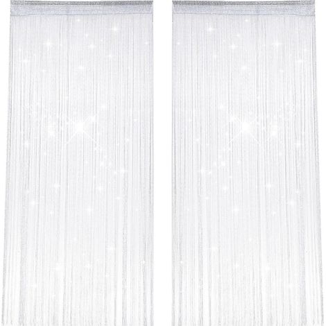 Ensemble de rideaux à fils - Rideau à pompons - Séparateur de pièce - Fil argenté brillant - 2 pièces 100 x 200 cm - Blanc (1/5)