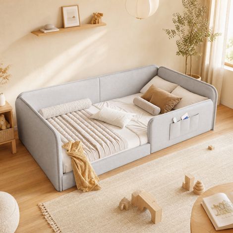 Etagenbett 90x200 cm beige con funda de lino y bolsillos laterales (1/5)