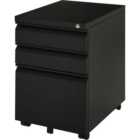 Caisson à roulettes en acier noir avec 3 tiroirs verrouillables pour bureau et home office (1/5)
