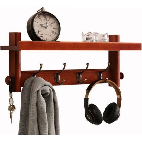 Porte-manteau mural avec étagère, 69cm Étagère Porte-Serviette, 4 crochets Meuble Entrée, pour salle de bain, chambre à coucher, cuisine, salon, vestiaire (1/4)