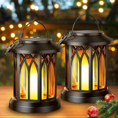 Solar-Garten-Hängelampe für den Außenbereich, 2 Stück, Solar-Außenleuchte mit realistischen Flammeneffekten, IP65 wasserdichte Outdoor-Garten-Deko-Laterne mit Clips für Geschenke im Innenhof, Balkon