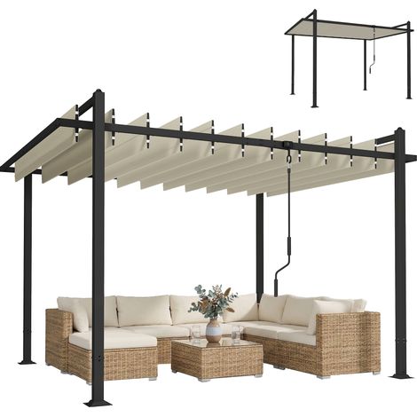 Outsunny pérgola de jardín 3x3,8 m con techo de lamas ajustable a 90°, manivela, estructura de aluminio y acero, upf50+ para exterior, terraza, beige