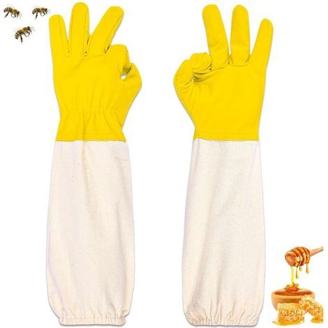 Gants D'apiculture en Peau de Chèvre,Gants Protégés pour Apiculteur à Manches Longues en Toile, Gants de Travail de Jardinage, Matériel Apicole Compatible avec les Tenues de Protection (Jaune) (1/5)