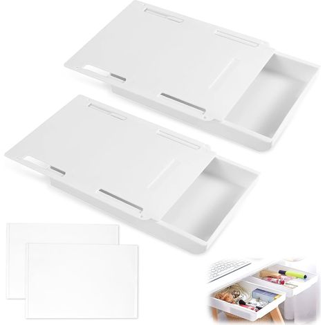 2 Pièces Tiroir Sous Bureau 22 X 15,5 X 3,5 cm, Tiroirs Autocollants à Suspendre Sous Le Bureau, facile à utiliser Tiroir Sous Meuble pour les Armoires, les Commodes (Blanc) (1/5)