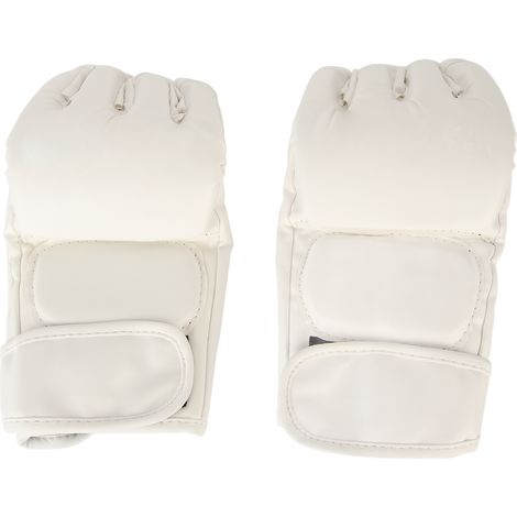 Gant de taekwondo blanc à demi-doigts avec bracelet de sécurité ajustable et poignet réglable, idéal pour l'entraînement au sac de frappe. (1/5)