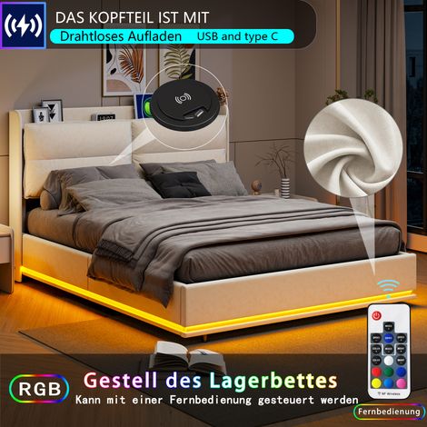 Pergar – Lit coffre 140x200 avec sommier – Tissu velours beige – Dossier moelleux – Recharge sans fil avec ports USB et Type-C – LED réglable