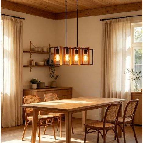Suspension linéaire 4 lumières à cadres orientables, hauteur réglable 90-130 cm, acier et bois (1/5)