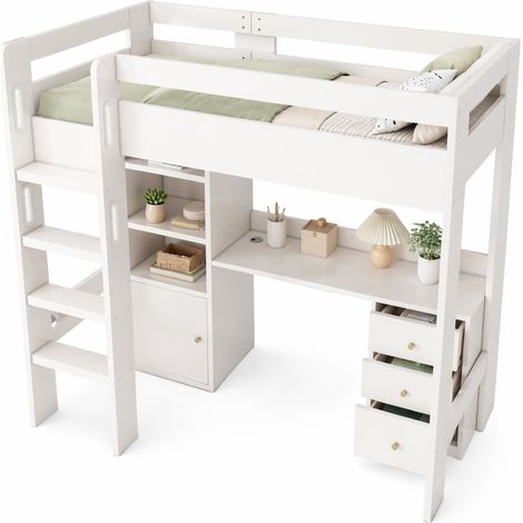 Lit mezzanine 90x200 blanc avec bureau USB-C, rangements et escalier sécurisés, sans matelas, pour chambre ado ou étudiant - CHICFURN (1/5)