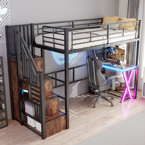 DESMIU Lit mezzanine 1 place avec LED, échelle de rangement, bureau et armoire 90 × 200 cm, sans matelas (1/5)