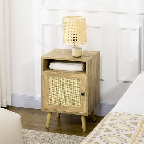 HOMCOM Comodino con anta a rete, Tavolino per camera da letto, soggiorno, comodino, 39x35x60 cm, Legno naturale (1/5)