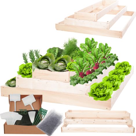 MODO24 ZP09 Carré potager surélevé en escalier modulable, bois de pin, herbes/légumes, jardin/terrasse/balcon, 27x117x120 cm, naturel