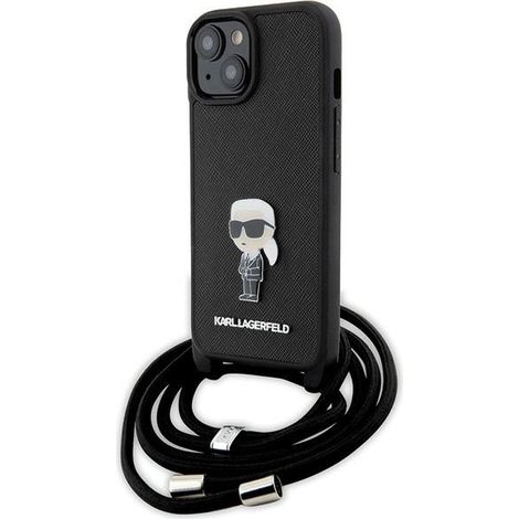 Custodia rigida Karl Lagerfeld KLHCP15SSASKNPSK per iPhone 15/14/13 da 6,1" nera/nera, borsa a tracolla Saffiano Monogram, spilla in metallo Karl & Choupette (1/5)