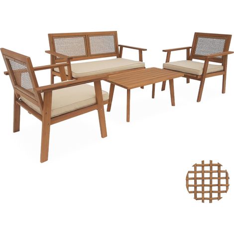 Salon de jardin en bois et cannage canapé 2 places. 2 fauteuils. 1 table basse - Bohémia 117x64x74 cm Cannage carré / Bois couleur teck