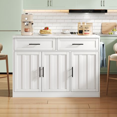 Îlot de cuisine 120 x 60 x 91 cm avec prises, ports USB, câble d’alimentation de 1,5 m, étagères réglables, poignées métalliques, porte-serviettes, espace bar, adapté aux appartements, cuisines et esp (1/5)
